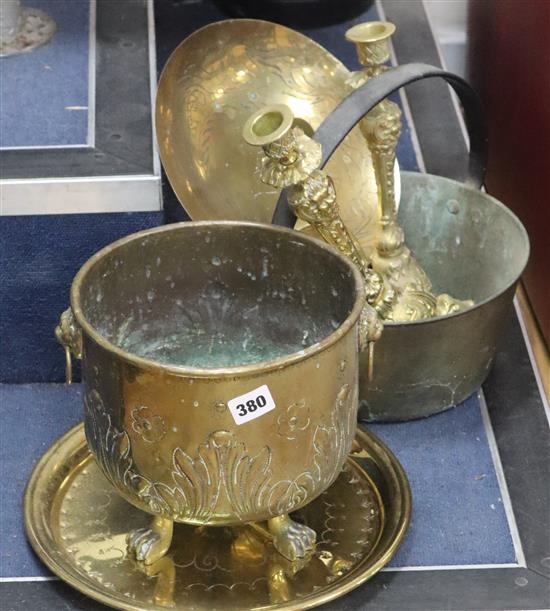 A pair of brass candlesticks, a planter, a brass jam pan and two dishes